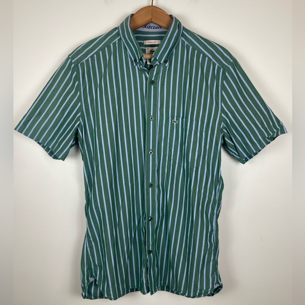 Lacoste Green White Stripe Button Down Shirt Men’s Small Slim Fit Cotton Preppy